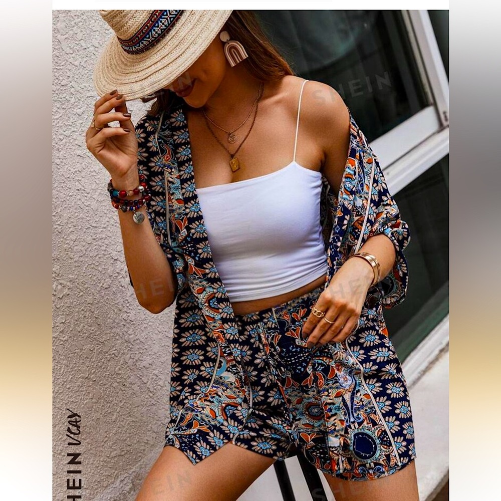 Women’s size Med. SHEIN Paisley Print Open Kimono & Shorts Set Without Tube Top